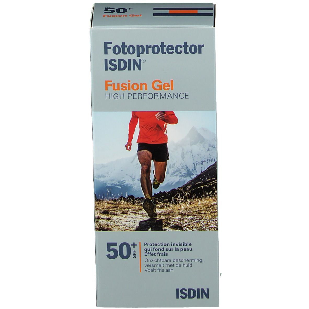 Emballage de crème solaire. Inscription : Fotoprotector Fusion Gel SPF50+ d'ISDIN. Illustration d'un coureur.