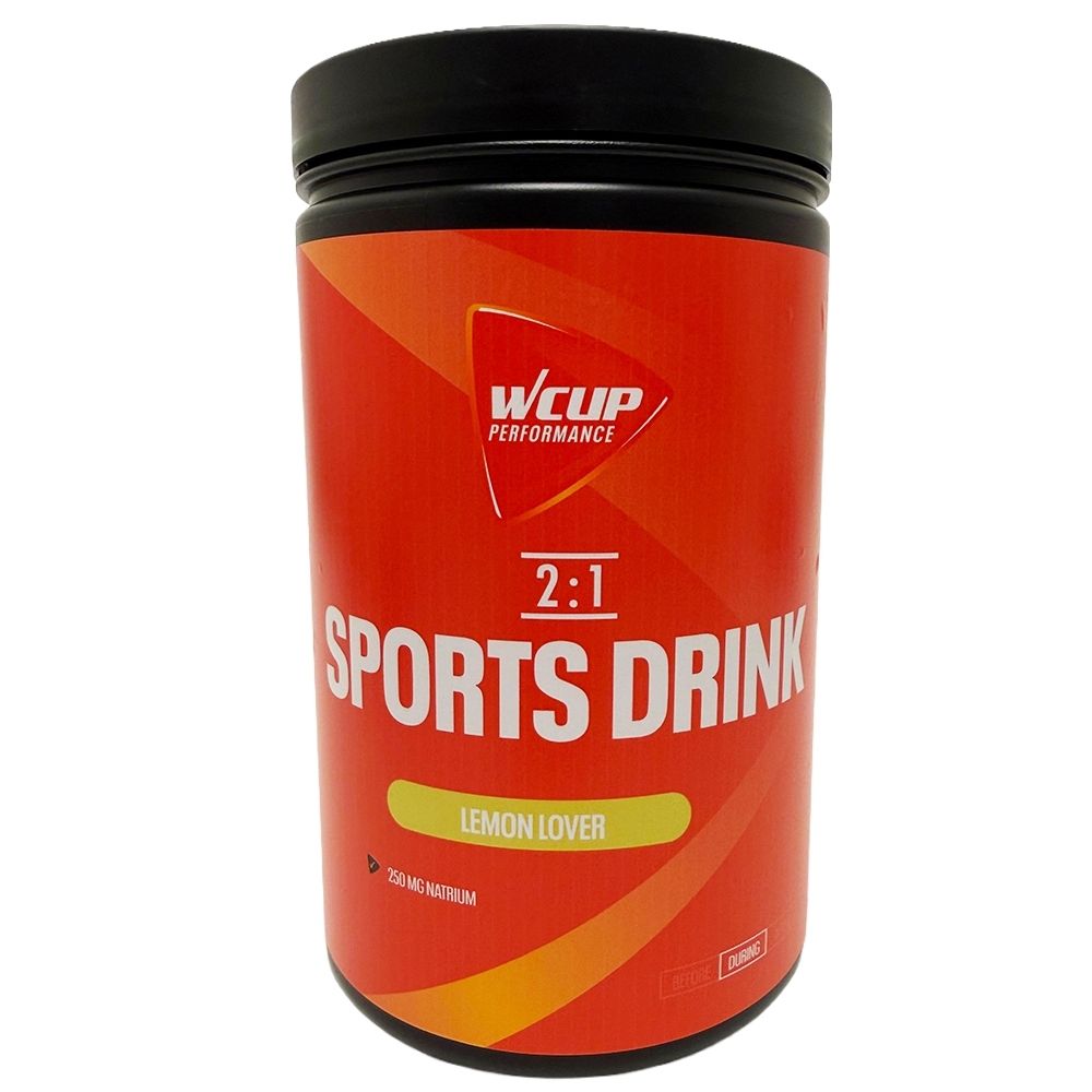 Boîte rouge de poudre pour boisson sportive WCUP Citron, face avant.