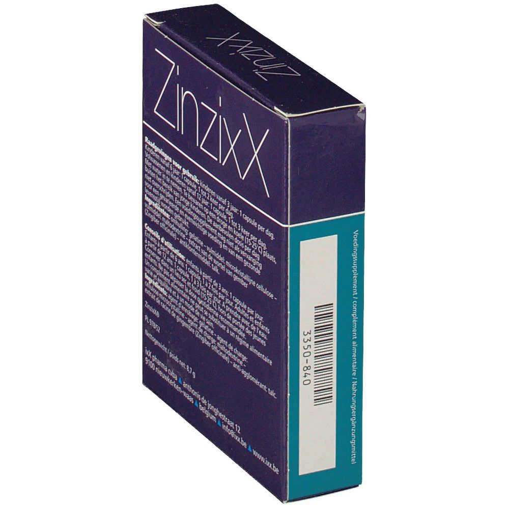 Boîte ZinzixX en biais. Code-barres et texte sur le côté.