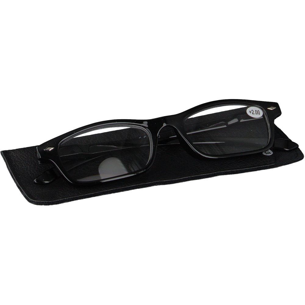 Lunettes noires avec étui. +2.00 indiqué sur un verre.