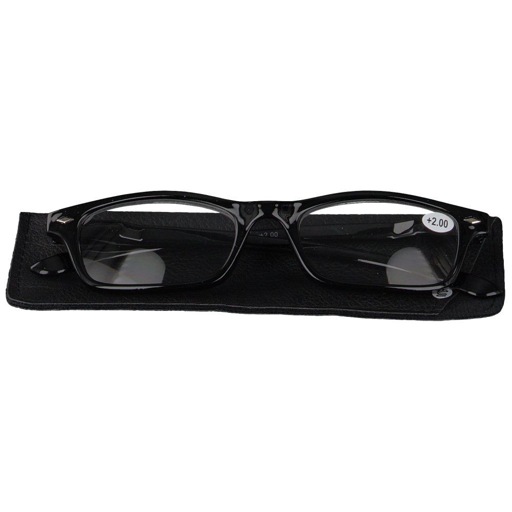 Lunettes noires avec étui noir. +2.00 indiqué sur une lentille.