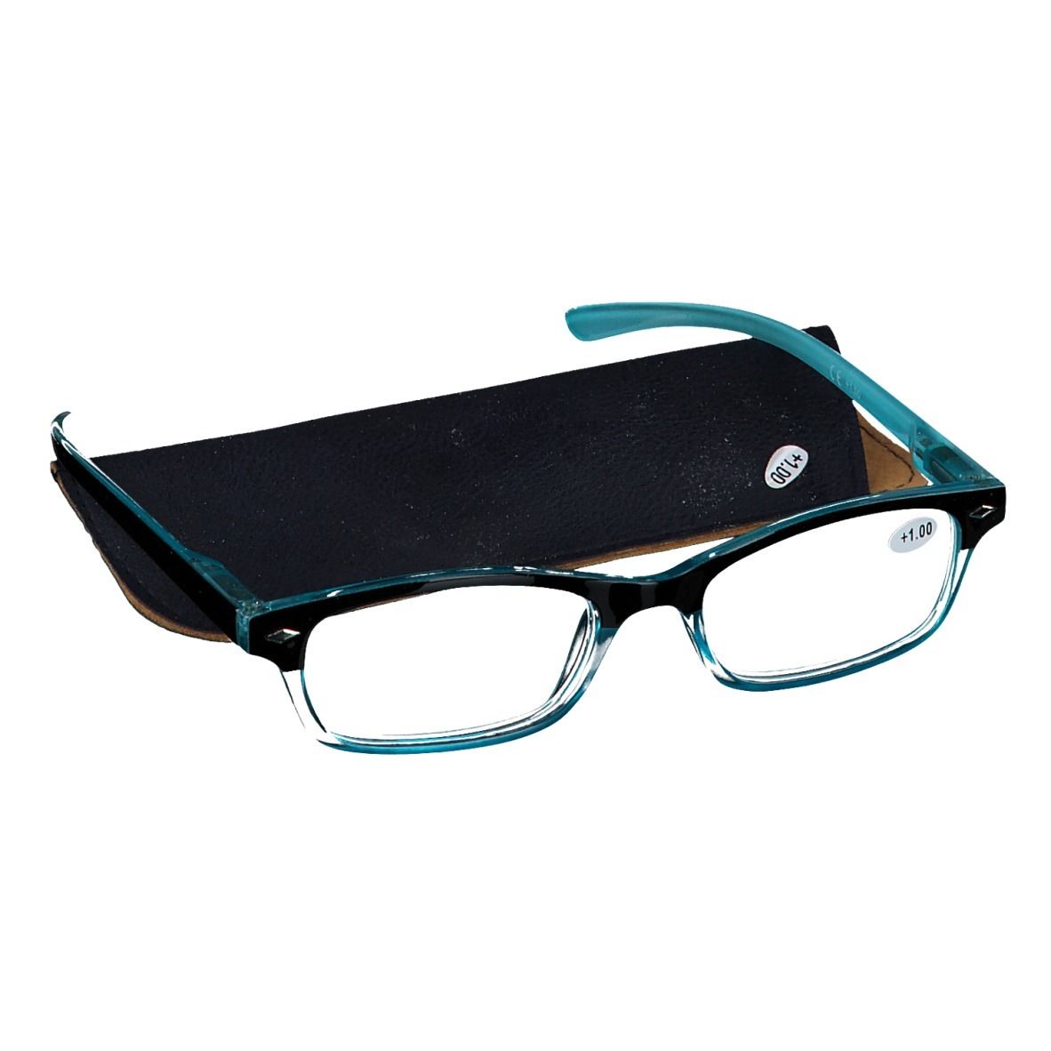 Lunettes bleues et noires avec étui noir et bord marron. +1.00 est inscrit sur le verre.