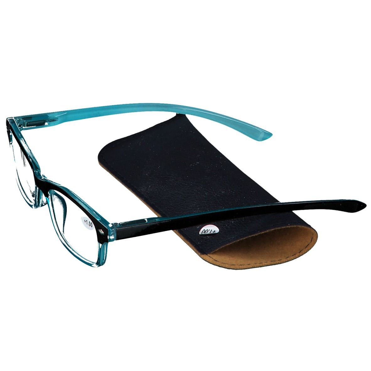 Lunettes bleues et noires avec étui noir et bord marron. +1.00 est inscrit sur le verre.