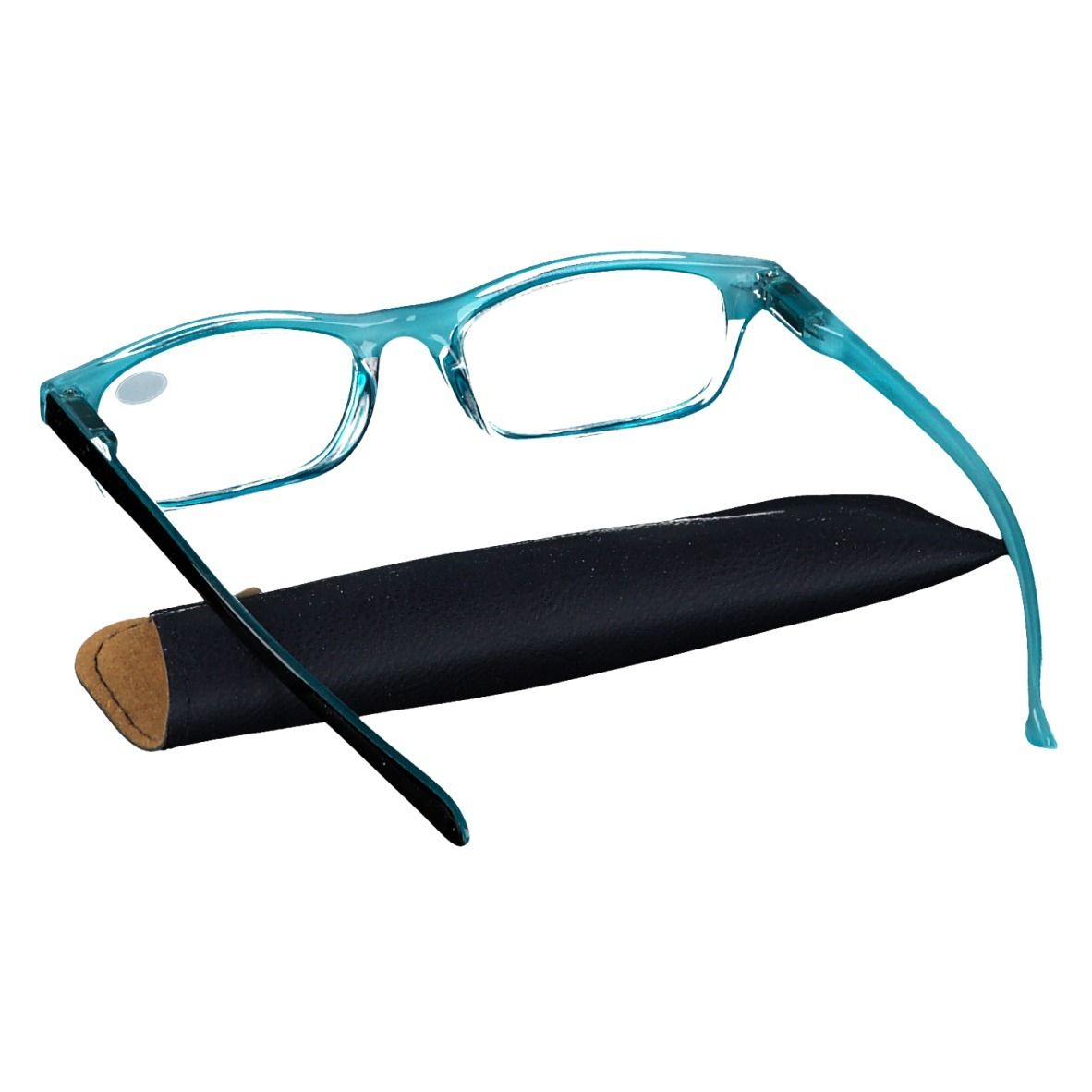 Lunettes bleues et noires avec étui noir et bord marron. +1.00 est inscrit sur le verre.