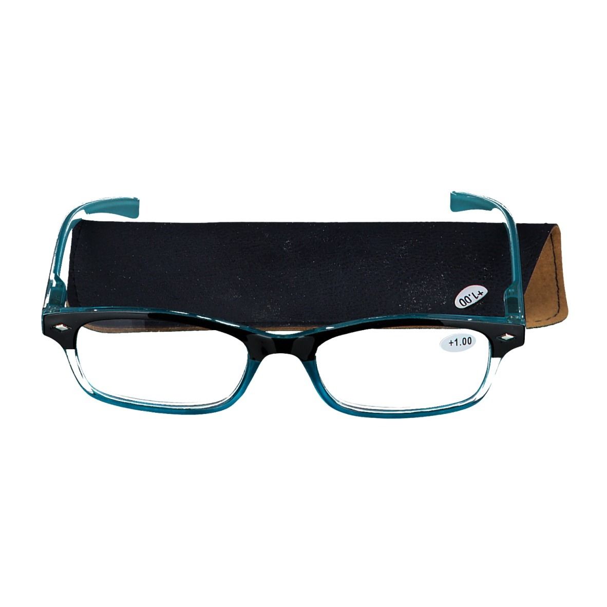 Lunettes bleues et noires avec étui noir et bord marron. +1.00 est inscrit sur le verre.