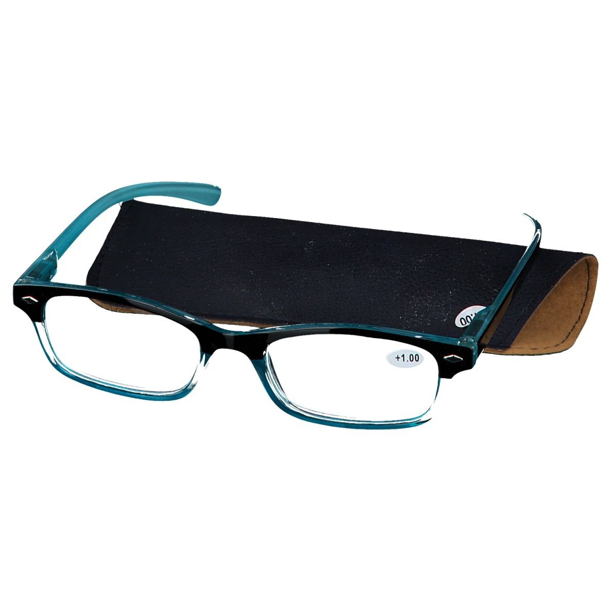 Lunettes bleues et noires avec étui noir et bord marron. +1.00 est inscrit sur le verre.