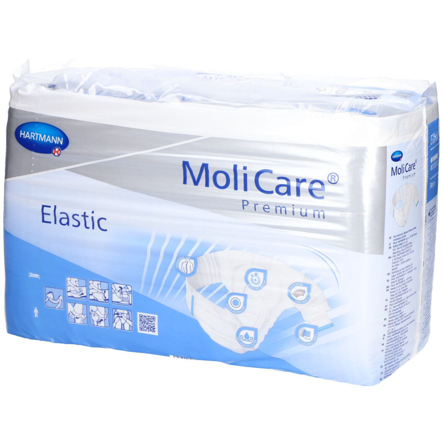 MoliCare® Premium Elastic, emballé. Marque Hartmann. Emballage blanc avec texte bleu. Illustration du produit.