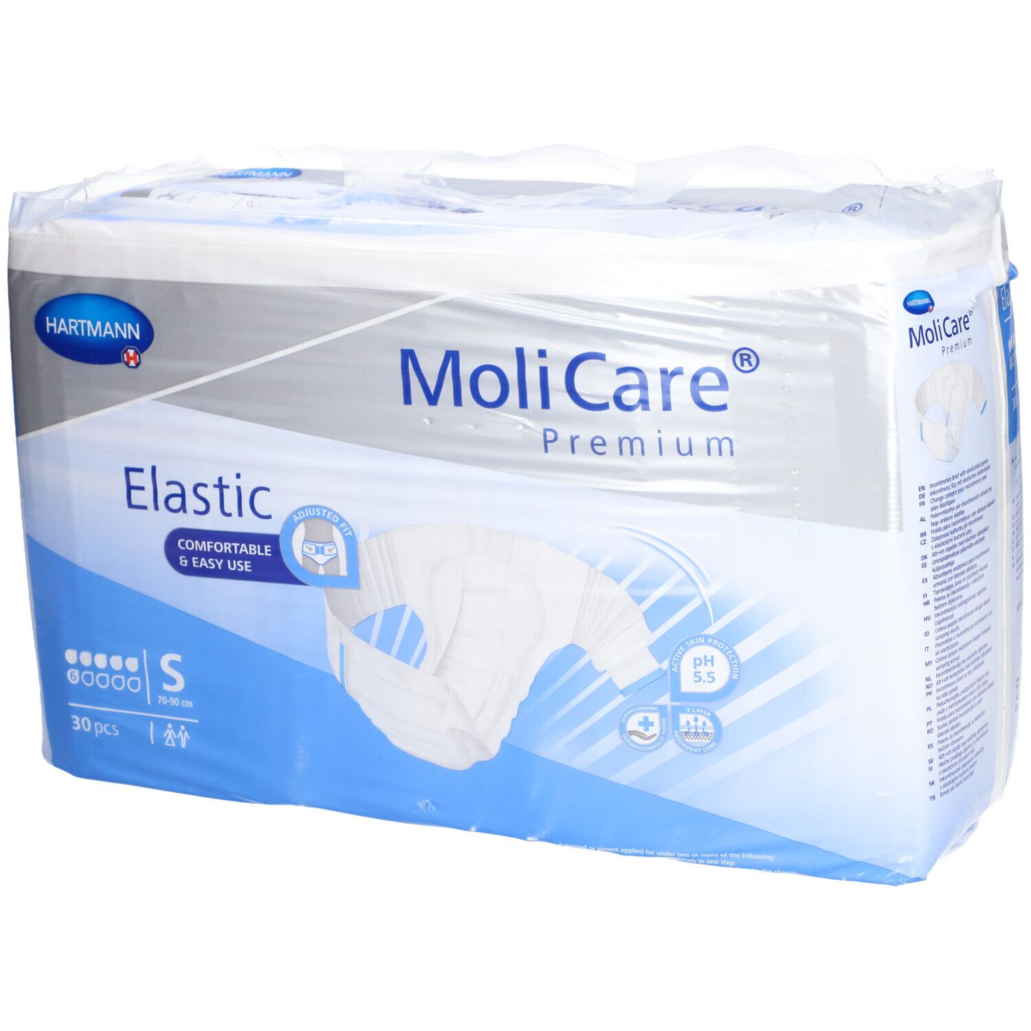 MoliCare® Premium Elastic, emballé. Marque Hartmann. Emballage blanc avec texte bleu. Taille S, 30 pièces.