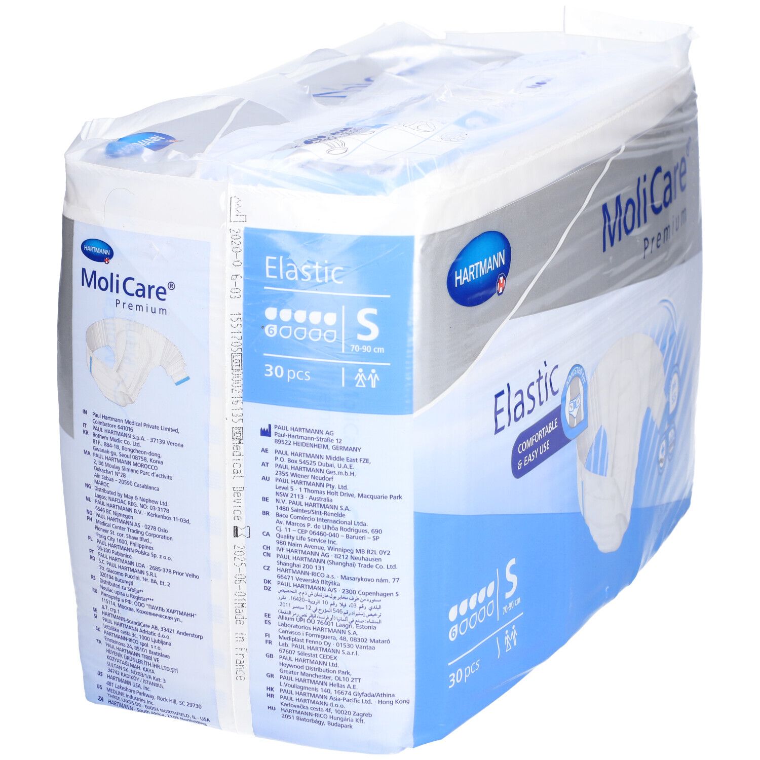 MoliCare® Premium Elastic, emballé. Marque Hartmann. Emballage blanc avec texte bleu. Taille S, 30 pièces.