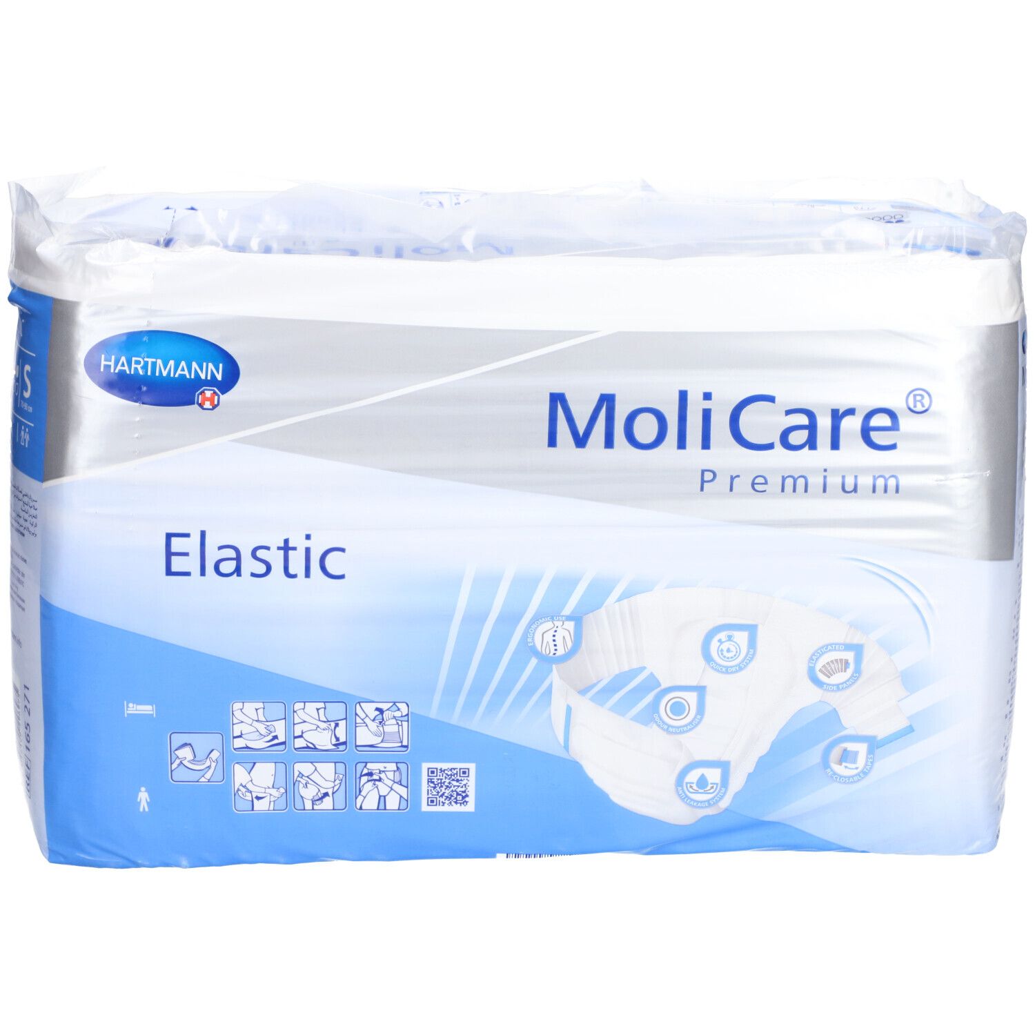 MoliCare® Premium Elastic, emballé. Marque Hartmann. Emballage blanc avec texte bleu. Illustration du produit.
