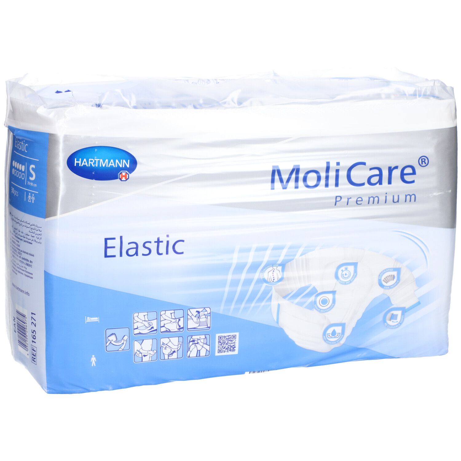 MoliCare® Premium Elastic, emballé. Marque Hartmann. Emballage blanc avec texte bleu. Taille S, 30 pièces.