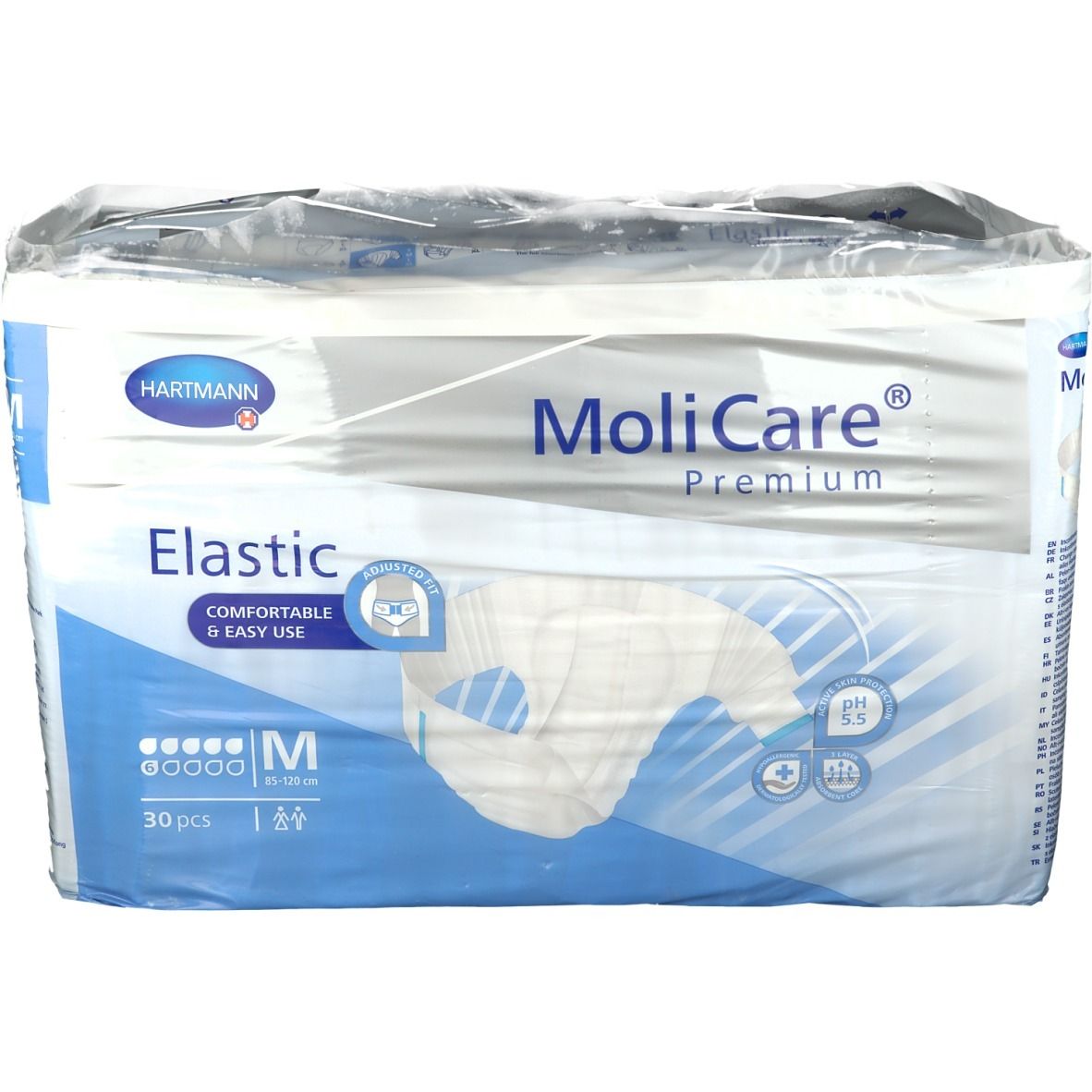 Paquet de MoliCare Premium Elastic. Contient 30 pièces, taille M. Marque Hartmann. Avec éléments bleus et blancs.