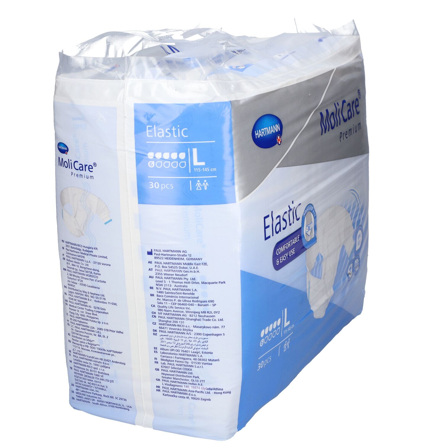 MoliCare® Premium Elastic, grand emballage. Taille L, 30 pièces. Logo Hartmann. Image du produit. Emballage.