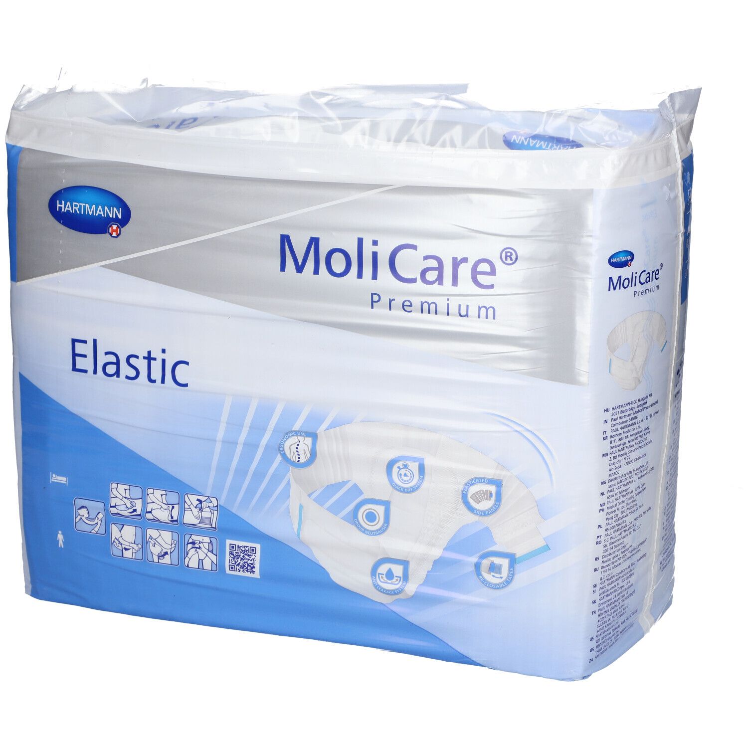 MoliCare® Premium Elastic, grand emballage. Taille L, 30 pièces. Logo Hartmann. Image du produit. Pictogrammes.