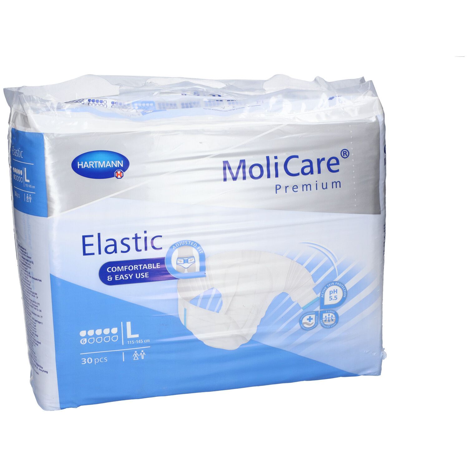 MoliCare® Premium Elastic, grand emballage. Taille L, 30 pièces. Logo Hartmann. Image du produit. pH 5,5.