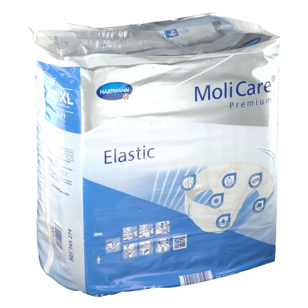 Paquet de MoliCare® Premium Elastic XL. Marque Hartmann. Nom du produit et caractéristiques visibles sur l'emballage.