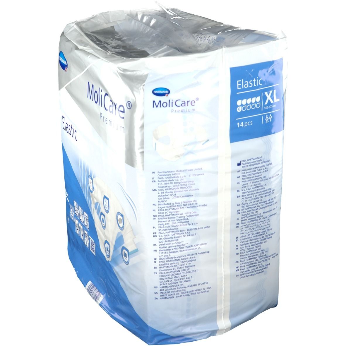 Paquet MoliCare® Premium Elastic XL. Dos avec informations produit et logo. 14 pièces.