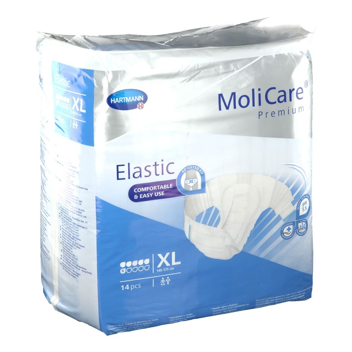 Paquet MoliCare® Premium Elastic XL. Nom, caractéristiques et logo visibles. 14 pièces.