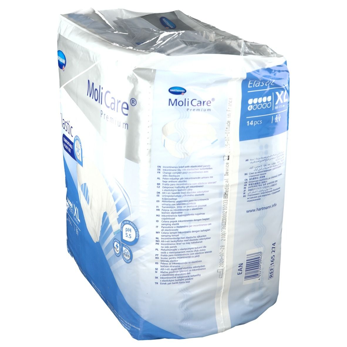 Paquet MoliCare® Premium Elastic XL. Dos avec informations produit et logo. 14 pièces.
