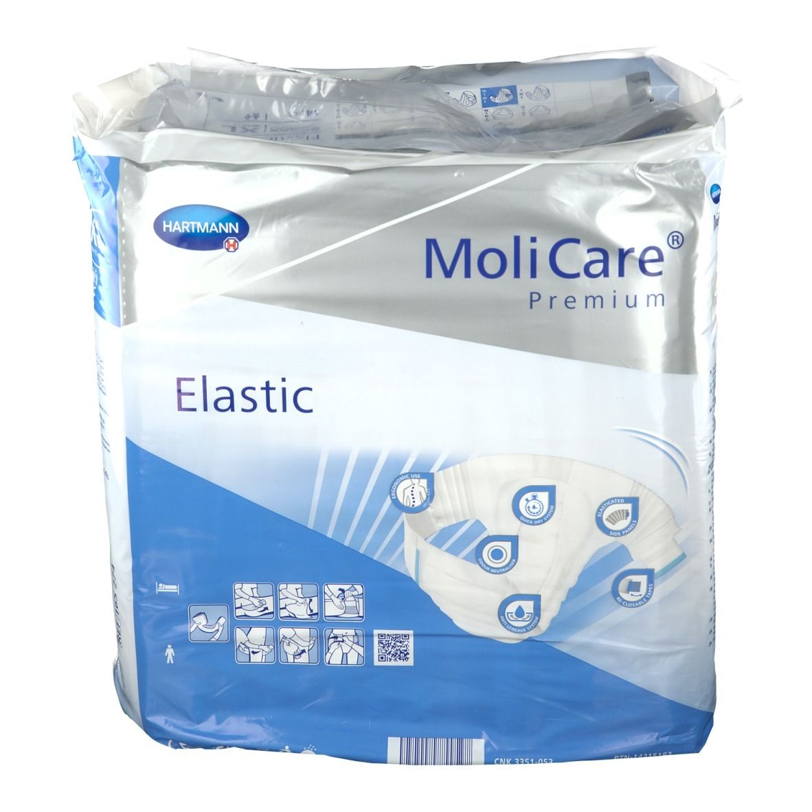 Paquet de MoliCare® Premium Elastic XL. Marque Hartmann. Nom du produit et caractéristiques visibles sur l'emballage.