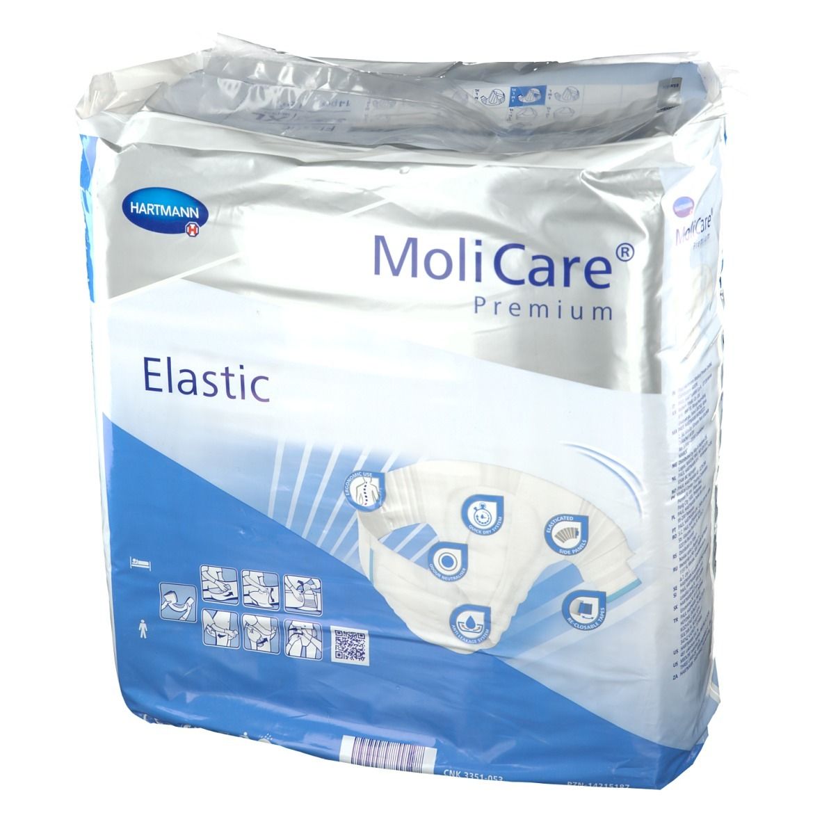 Paquet de MoliCare® Premium Elastic XL. Marque Hartmann. Nom du produit et caractéristiques visibles sur l'emballage.