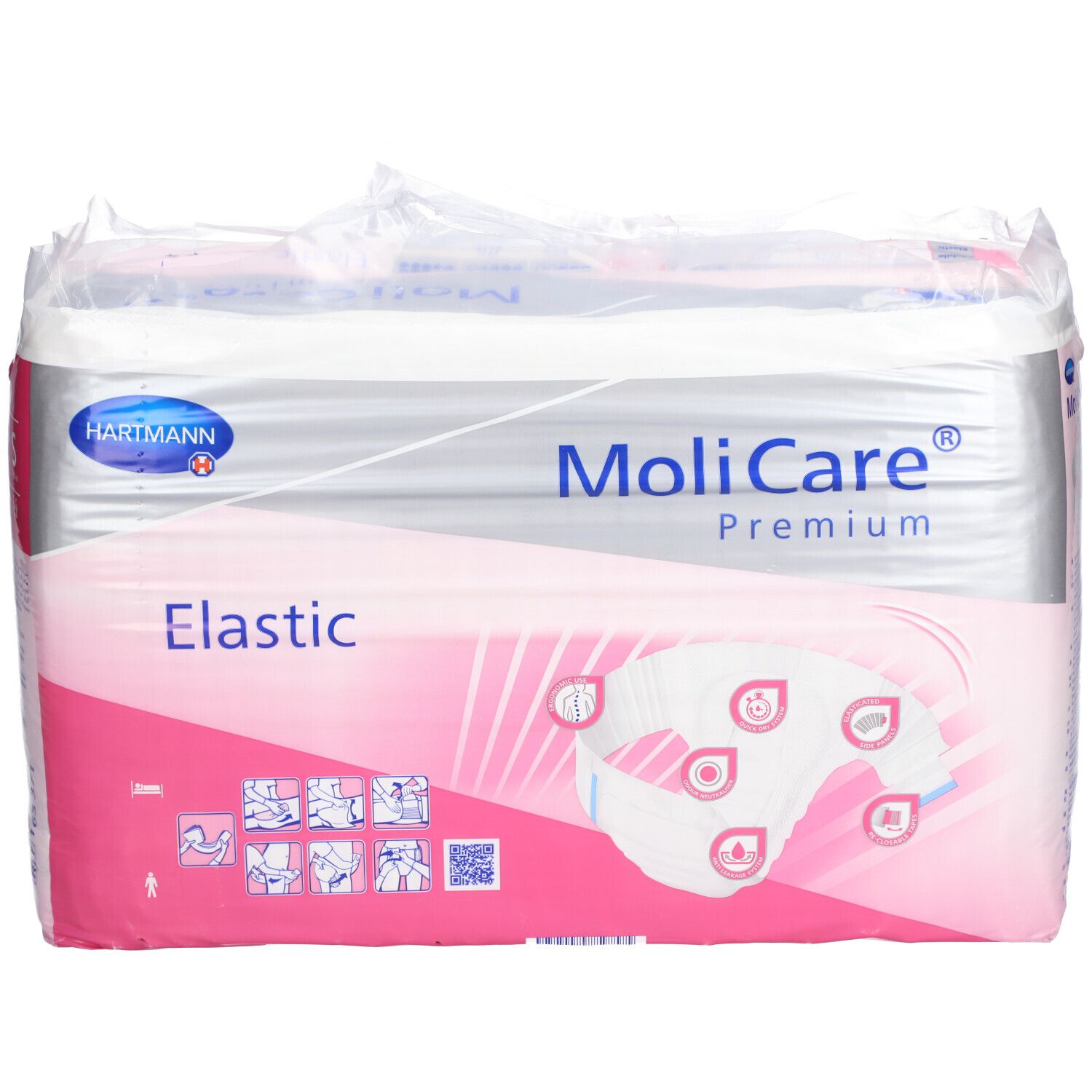 MoliCare Premium Elastic, en emballage. Emballage rose et blanc avec image du produit et logo. Divers pictogrammes.