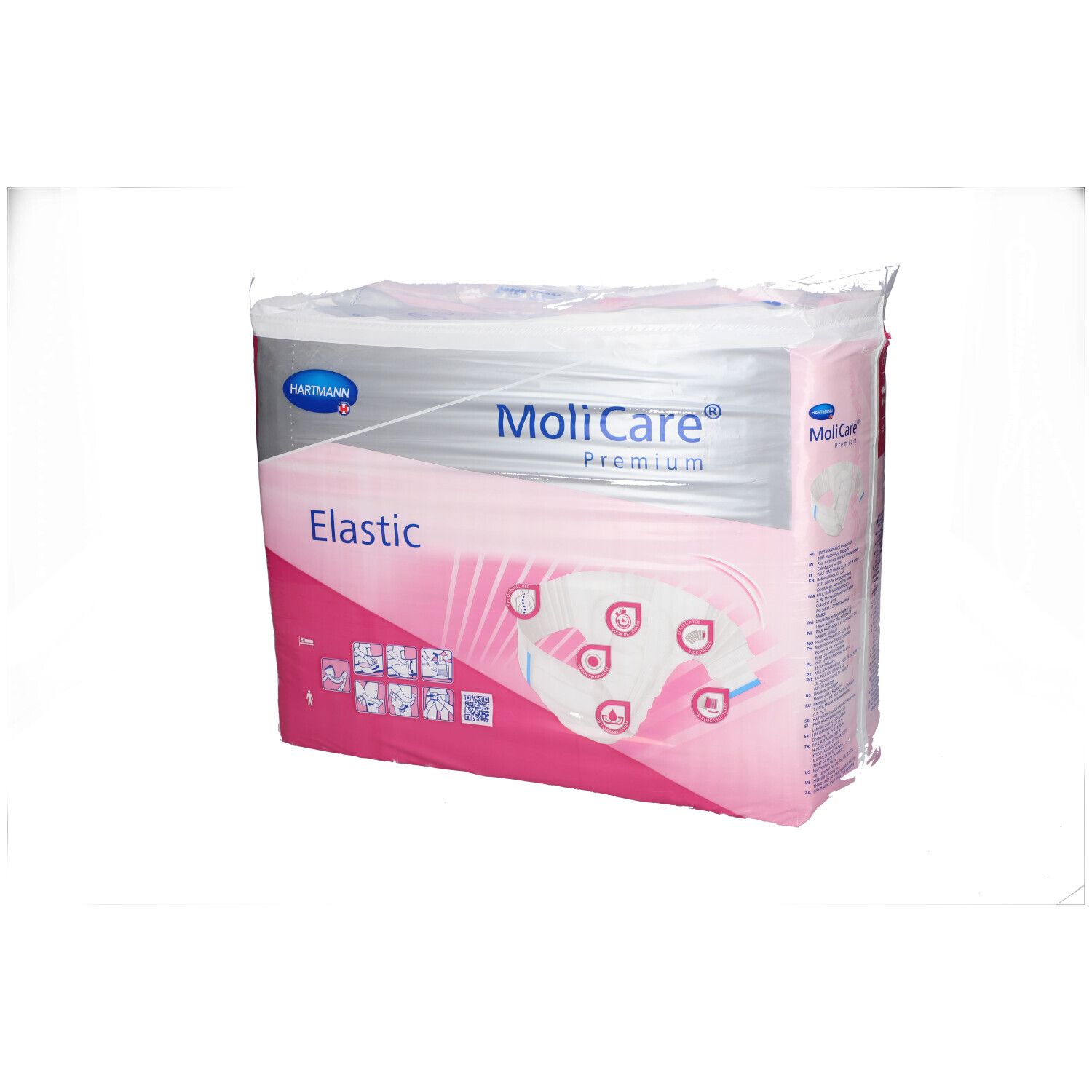 Paquet de MoliCare® Premium Elastic L. Emballage rose et blanc. Nom et logo visibles. Vue de dessus.