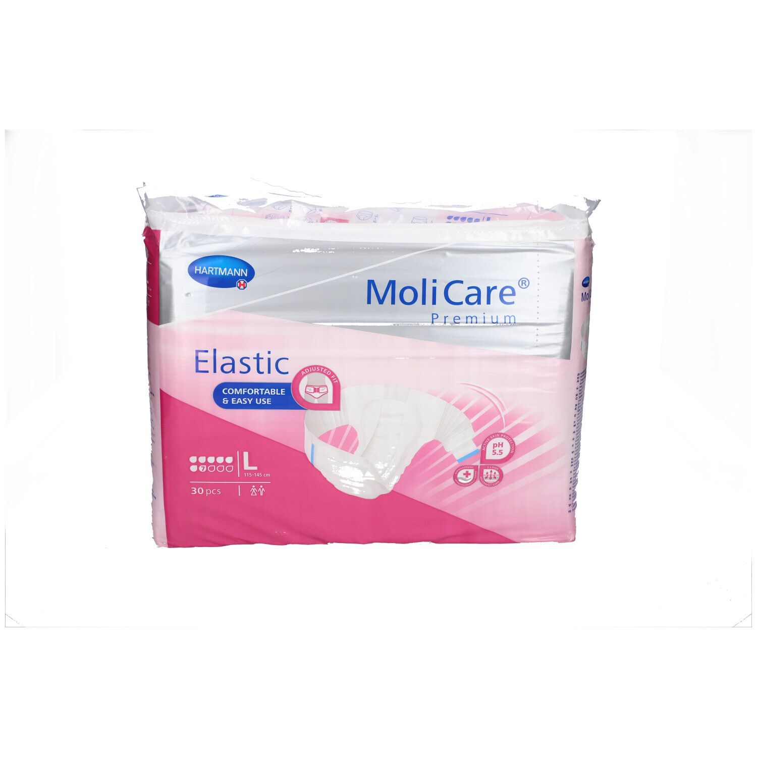 Paquet de MoliCare® Premium Elastic L. Emballage rose et blanc. Nom du produit et logo visibles. 30 unités.