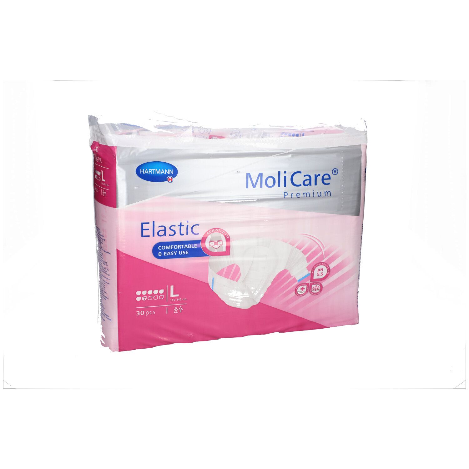 Paquet de MoliCare® Premium Elastic L. Emballage rose et blanc. Nom du produit et logo visibles. 30 unités.