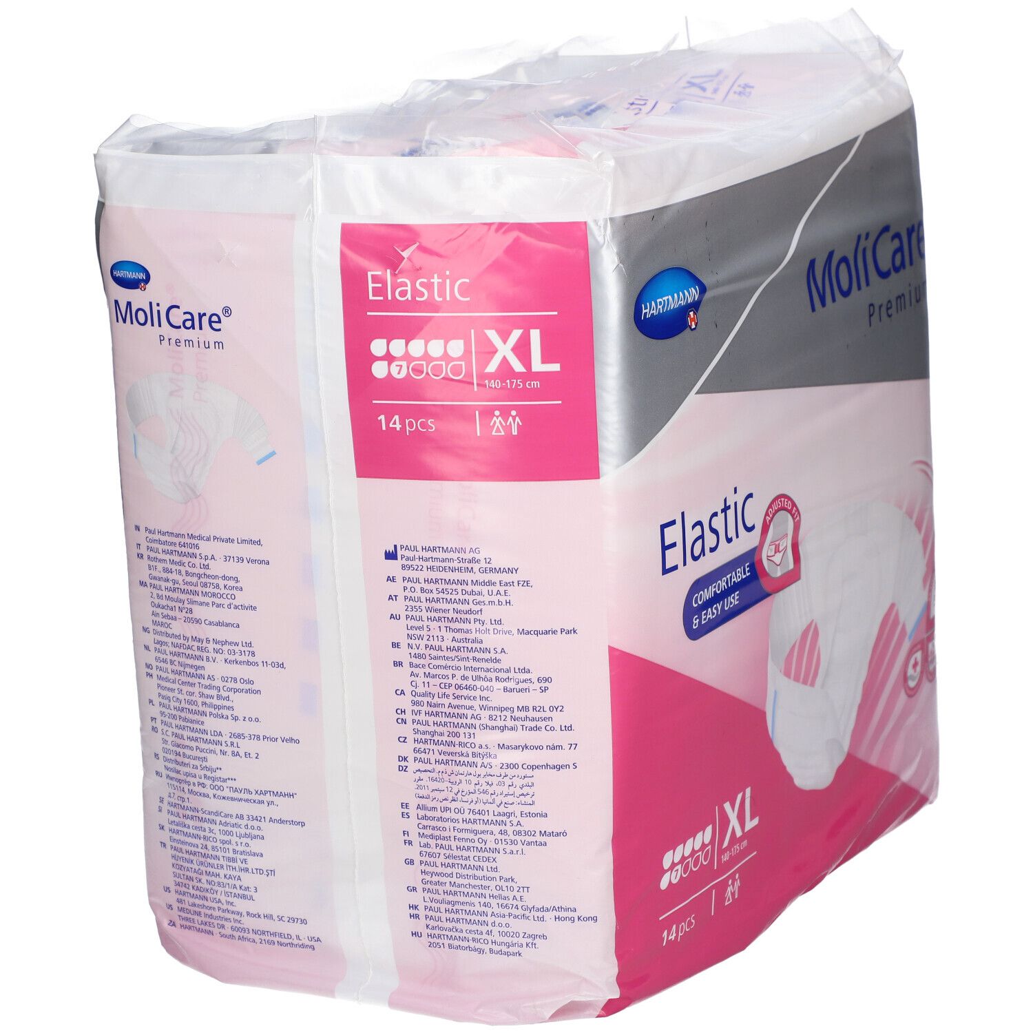 MoliCare Premium Elastic XL, 14 pièces. Emballage avec accents roses. Inscriptions : Elastic, indication de taille, logo Hartmann.
