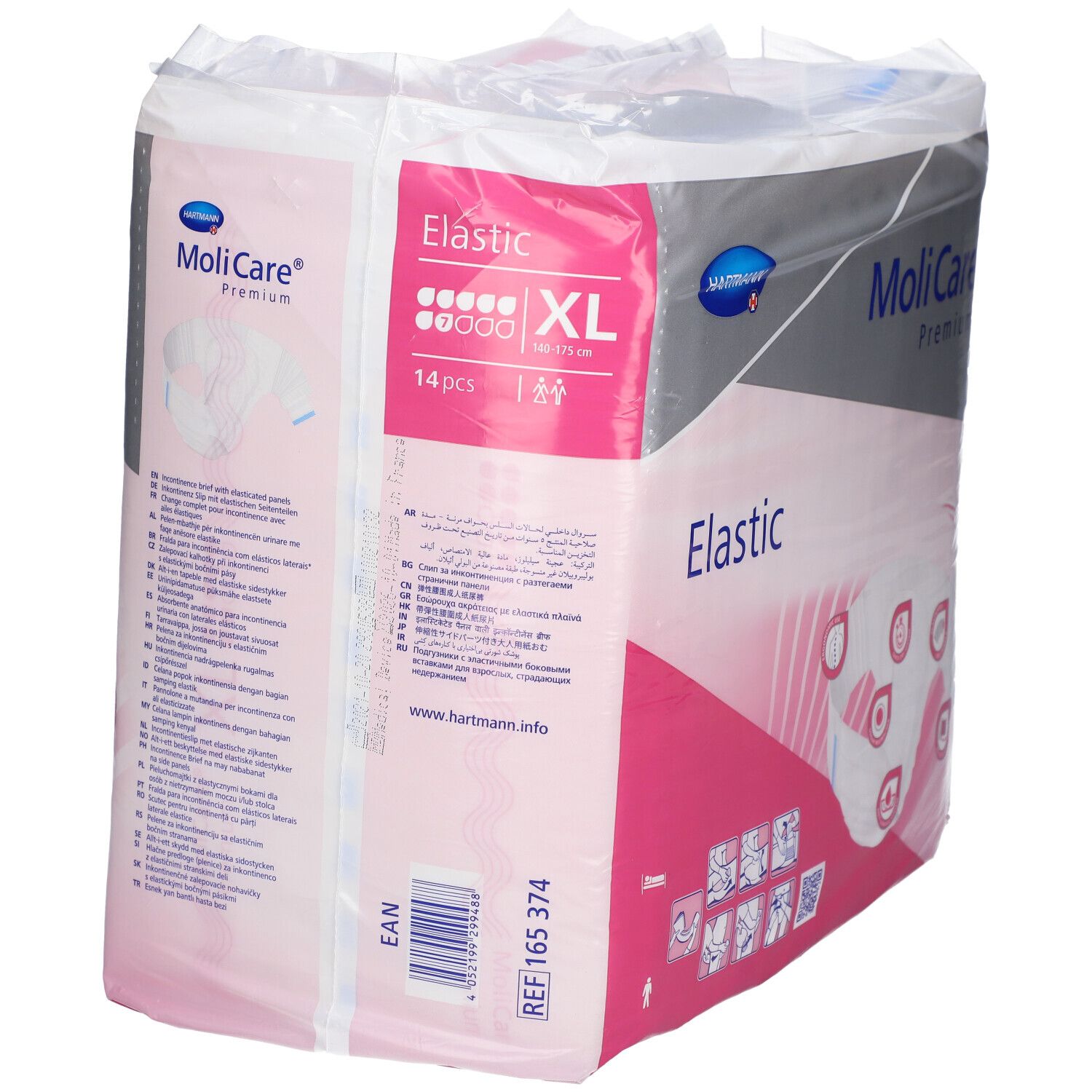 MoliCare Premium Elastic XL, 14 pièces. Emballage avec accents roses. Inscriptions : Elastic, indication de taille, logo Hartmann.