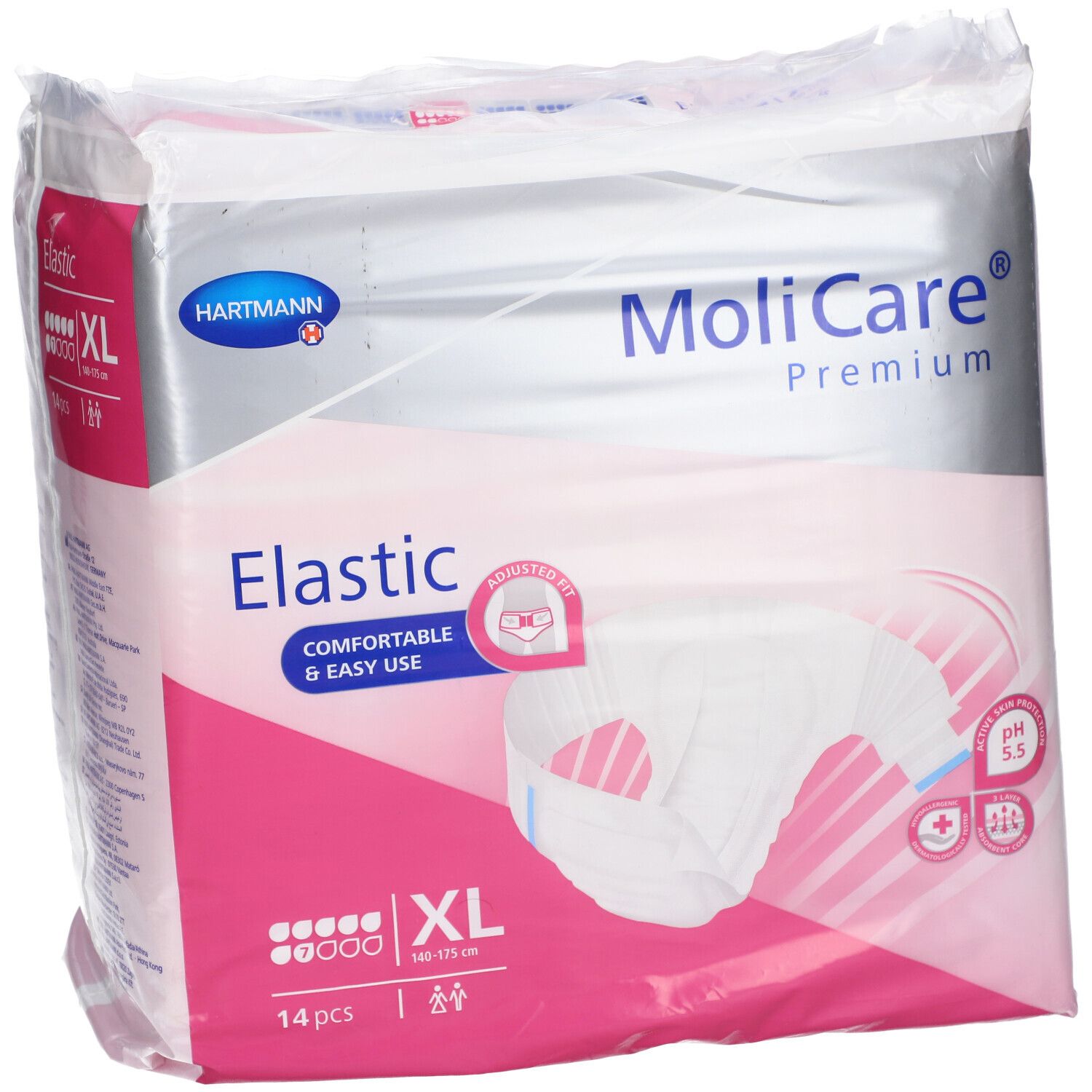 MoliCare Premium Elastic XL, 14 pièces. Emballage avec accents roses. Inscriptions : Elastic, pH 5.5, indication de taille, logo Hartmann.