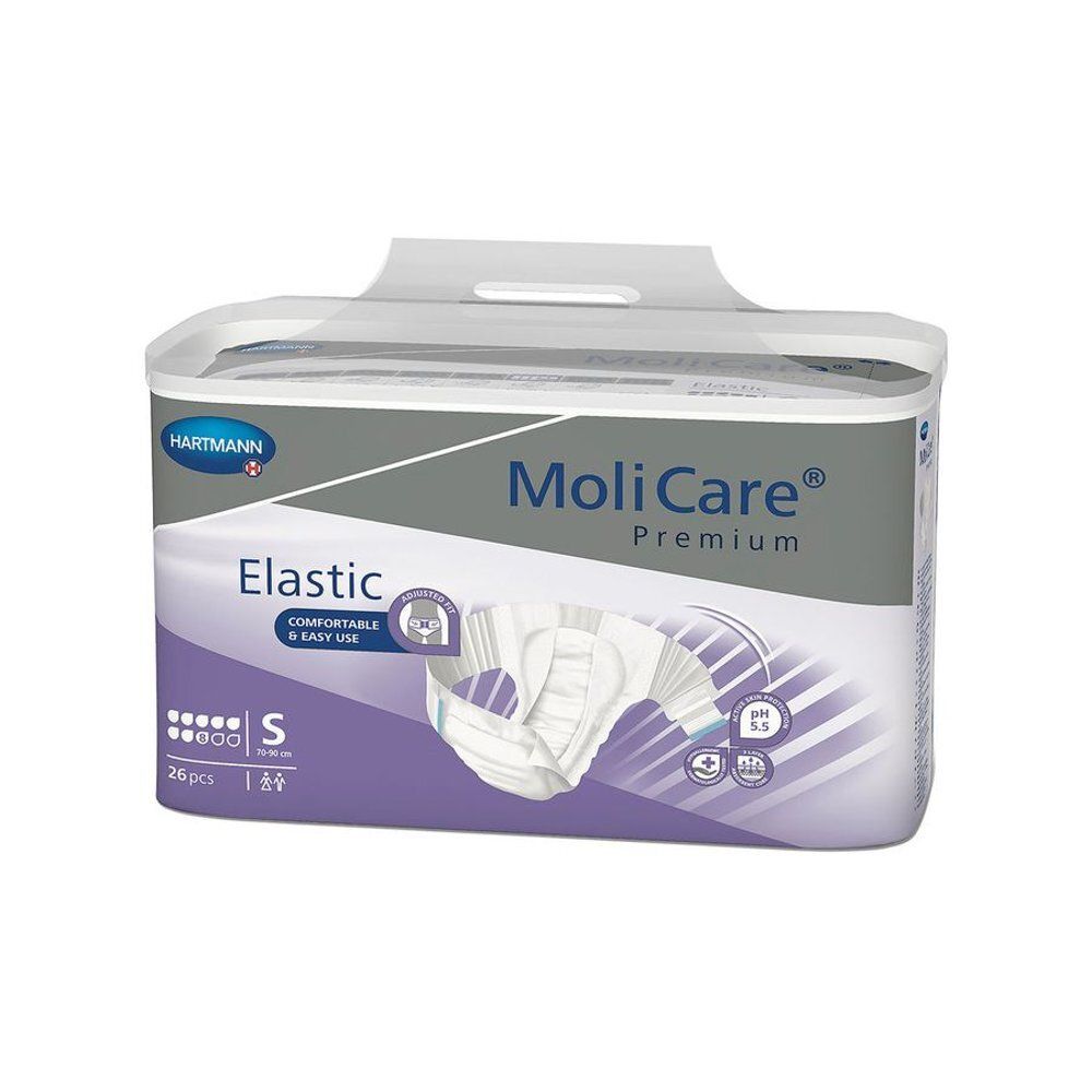 Paquet de MoliCare® Premium Elastic. Inscription : Elastic, S, 26 pièces. Marque Hartmann. Produit présenté.