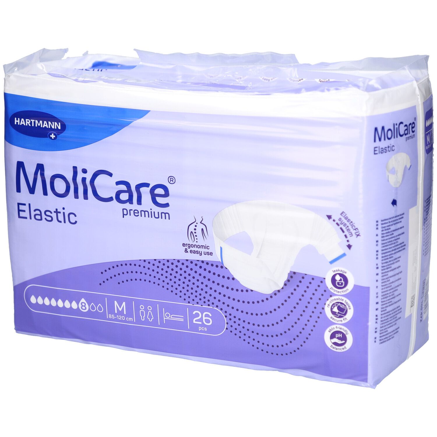 Emballage MoliCare® Premium Elastic. Taille M, 26 pièces. Marque Hartmann. Illustration du produit sur l'emballage.