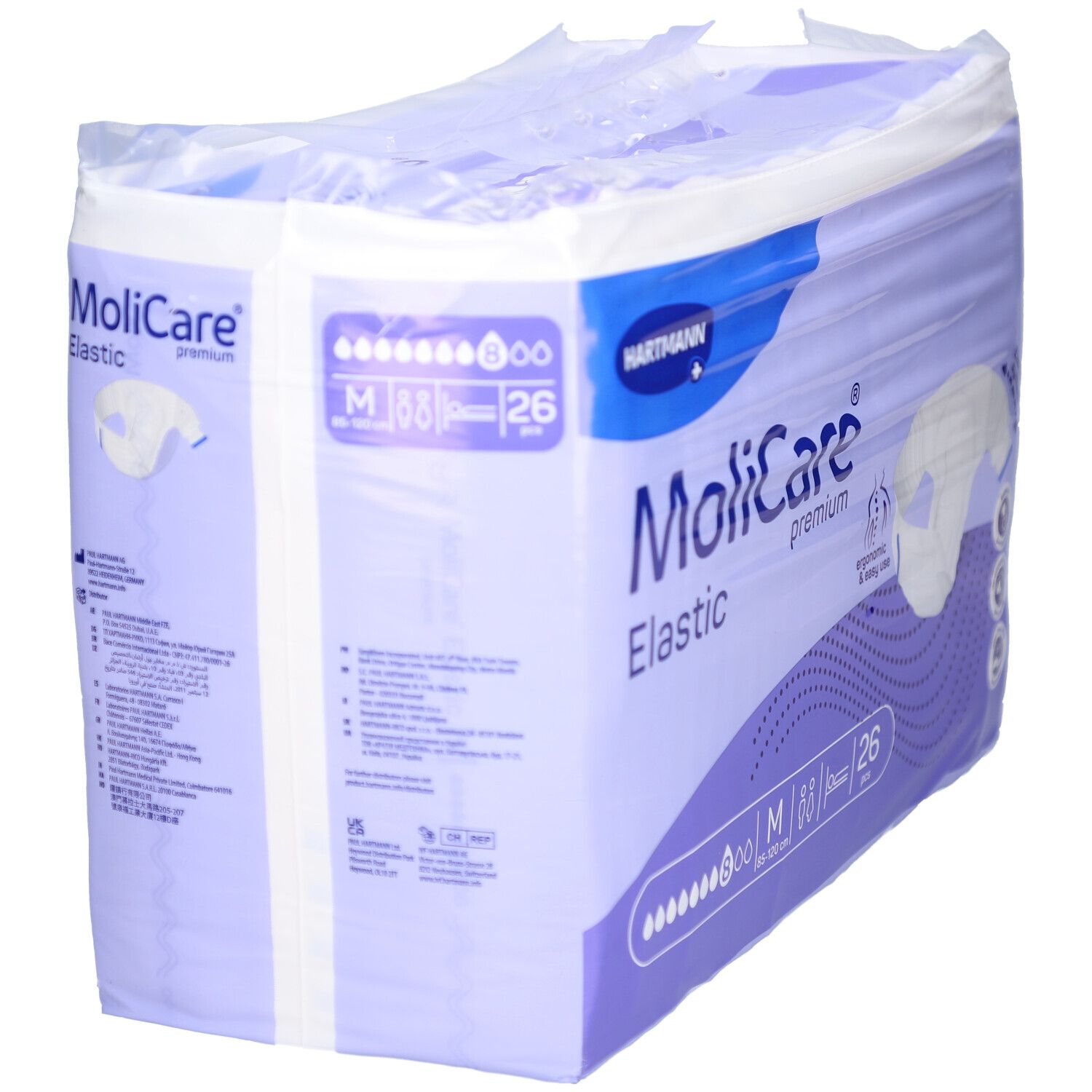 Emballage MoliCare® Premium Elastic. Taille M, 26 pièces. Marque Hartmann. Vue latérale de l'emballage.