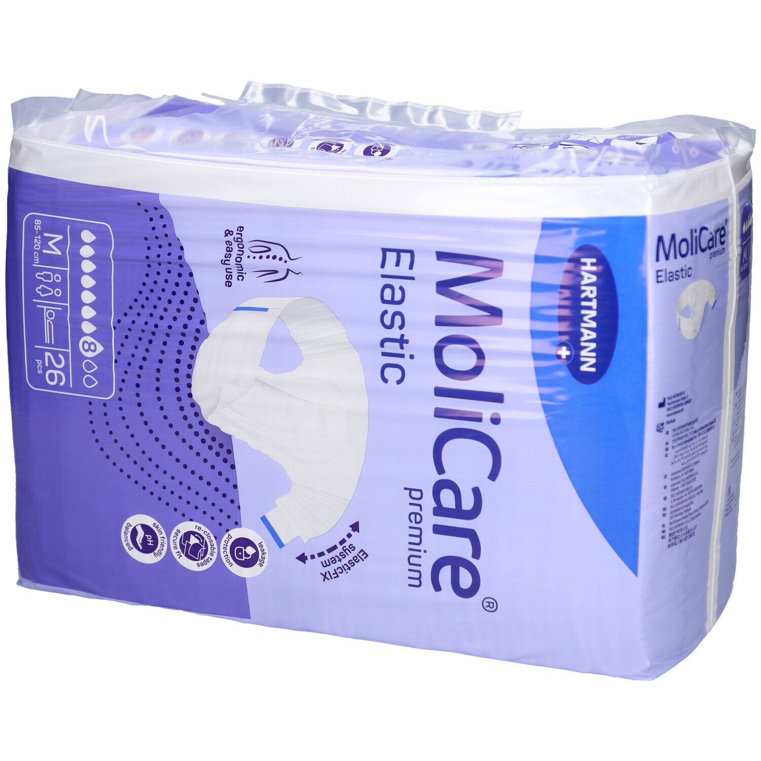 Emballage MoliCare® Premium Elastic. Taille M, 26 pièces. Marque Hartmann. Vue détaillée avec illustration du produit.