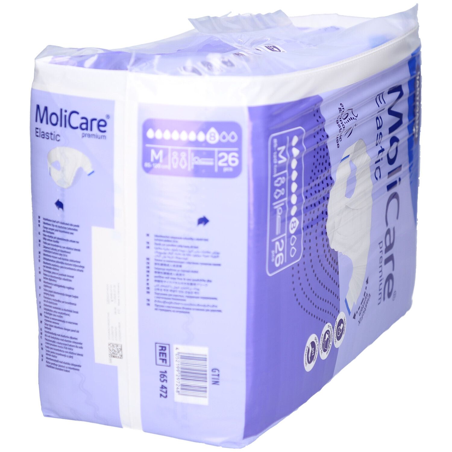 Emballage MoliCare® Premium Elastic. Taille M, 26 pièces. Marque Hartmann. Dos de l'emballage avec texte.