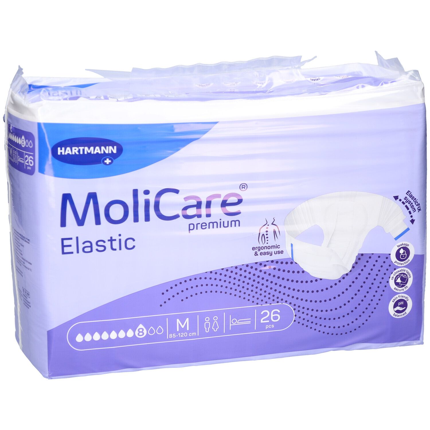 Emballage MoliCare® Premium Elastic. Taille M, 26 pièces. Marque Hartmann. Illustration du produit et détails.