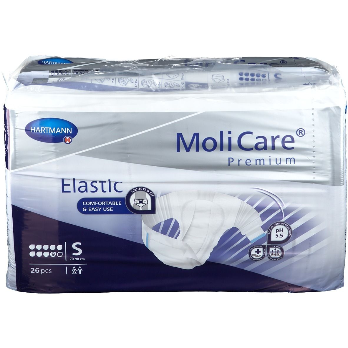 Paquet de MoliCare Premium Elastic, taille S, 26 pièces. Emballage avec image du produit et logo. pH 5,5.