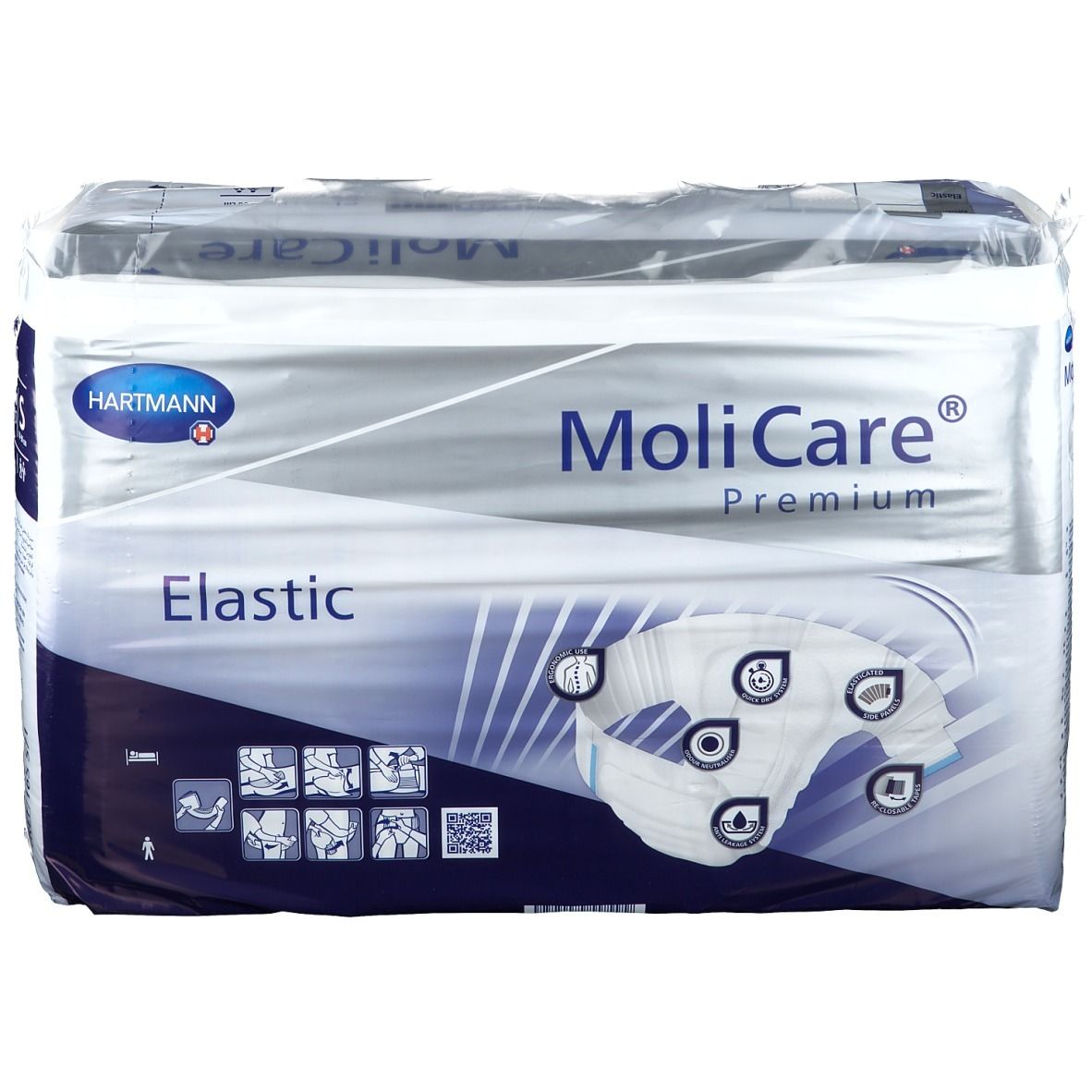 MoliCare Premium Elastic couches. Emballage avec image du produit et logo. Différents pictogrammes.