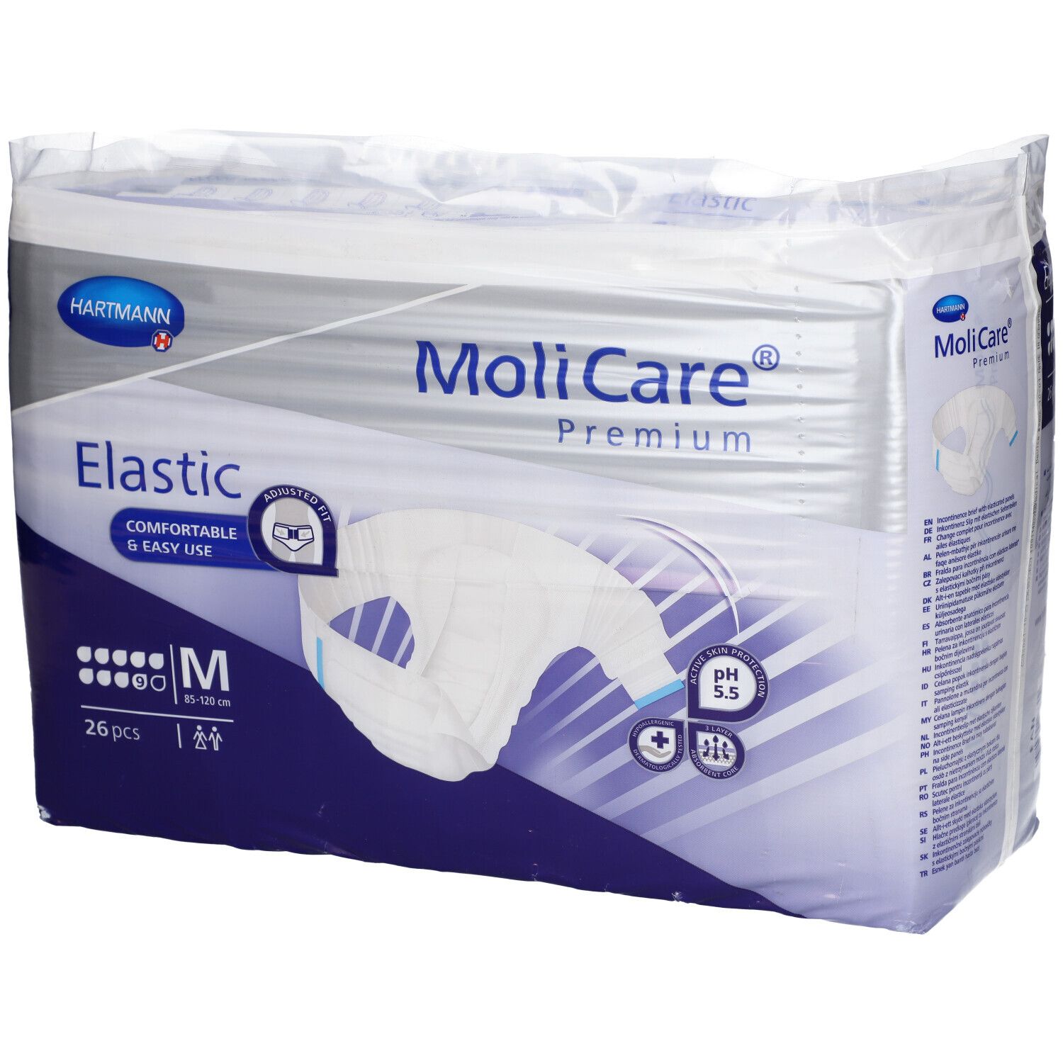 Paquet de MoliCare Premium Elastic, taille M, 26 pièces. Nom du produit, marque et caractéristiques clairement visibles.