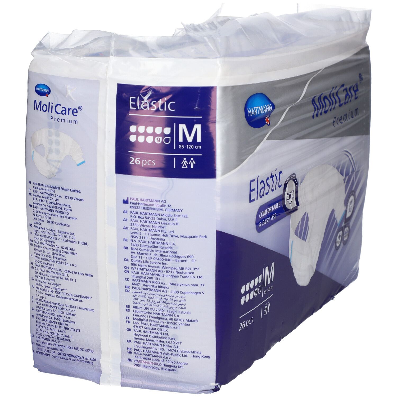 Paquet de MoliCare Premium Elastic, taille M, 26 pièces. Nom du produit, marque et caractéristiques clairement visibles.