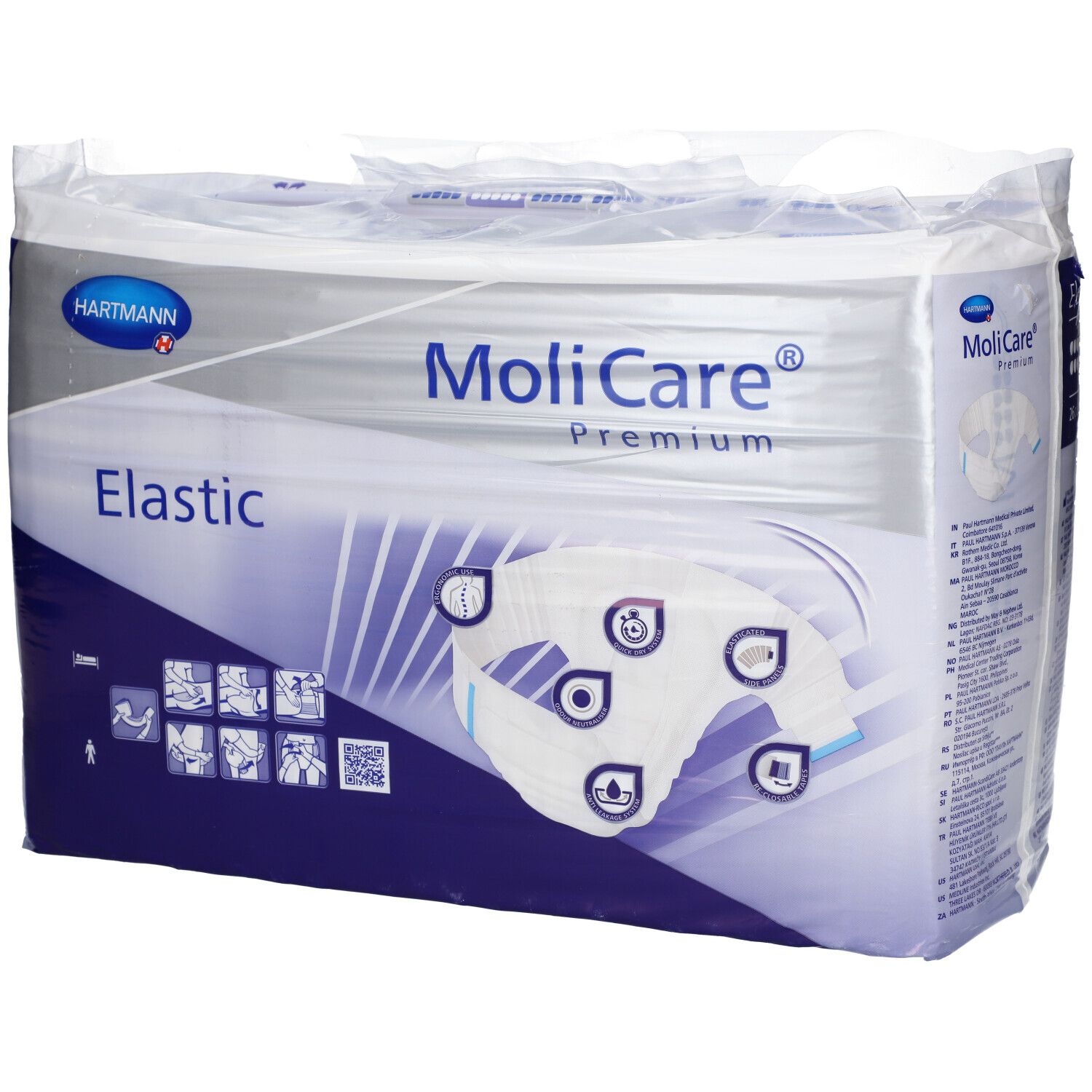 Paquet de MoliCare Premium Elastic, taille M, 26 pièces. Nom du produit, marque et caractéristiques clairement visibles.