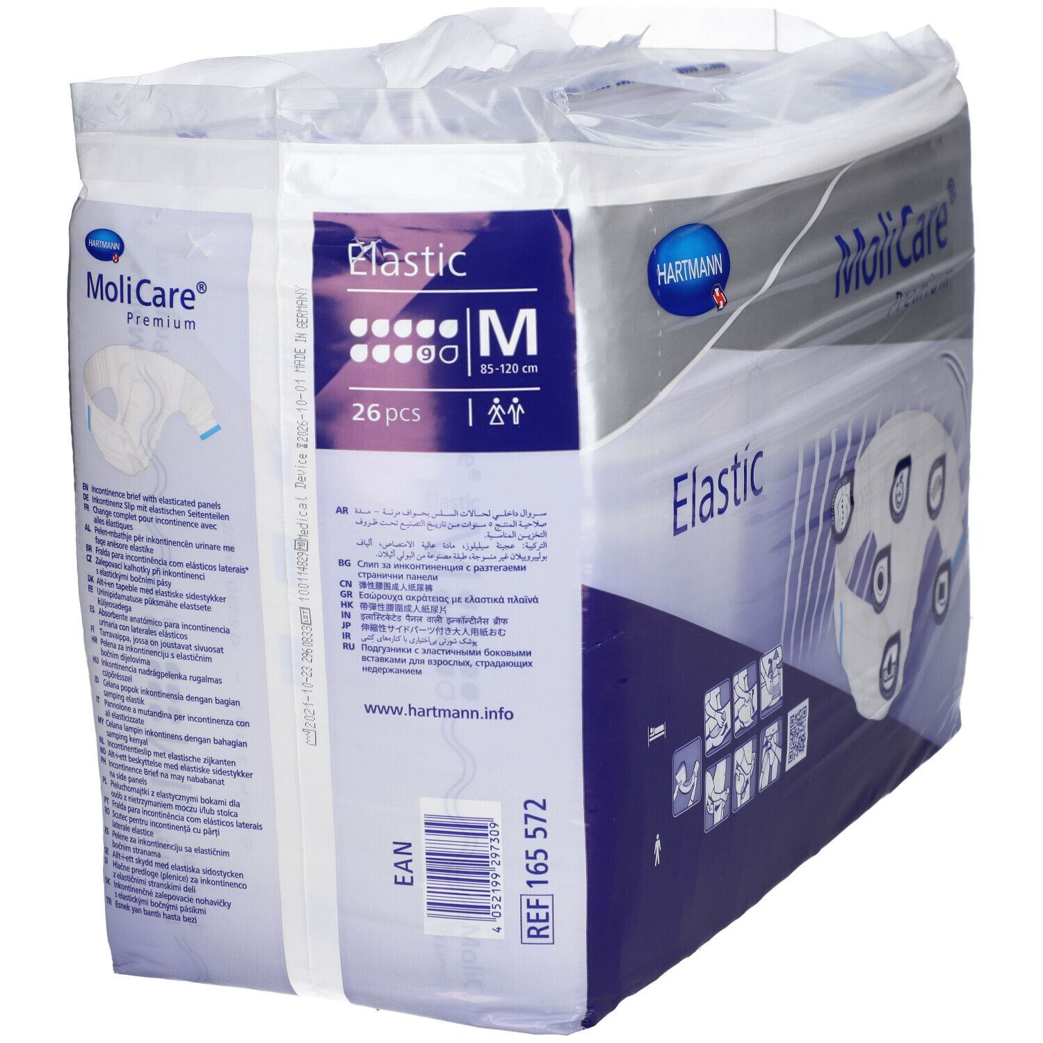 Paquet de MoliCare Premium Elastic, taille M, 26 pièces. Nom du produit, marque et caractéristiques clairement visibles.