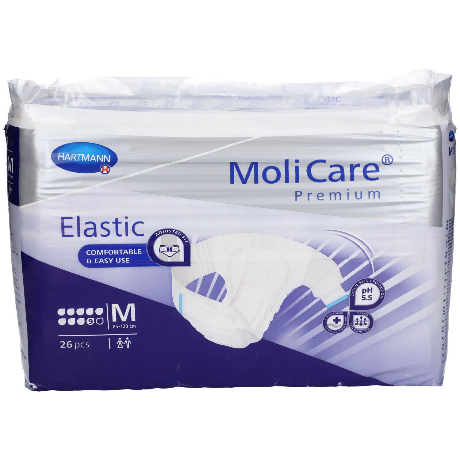 Paquet de MoliCare Premium Elastic, taille M, 26 pièces. Nom du produit, marque et caractéristiques clairement visibles.