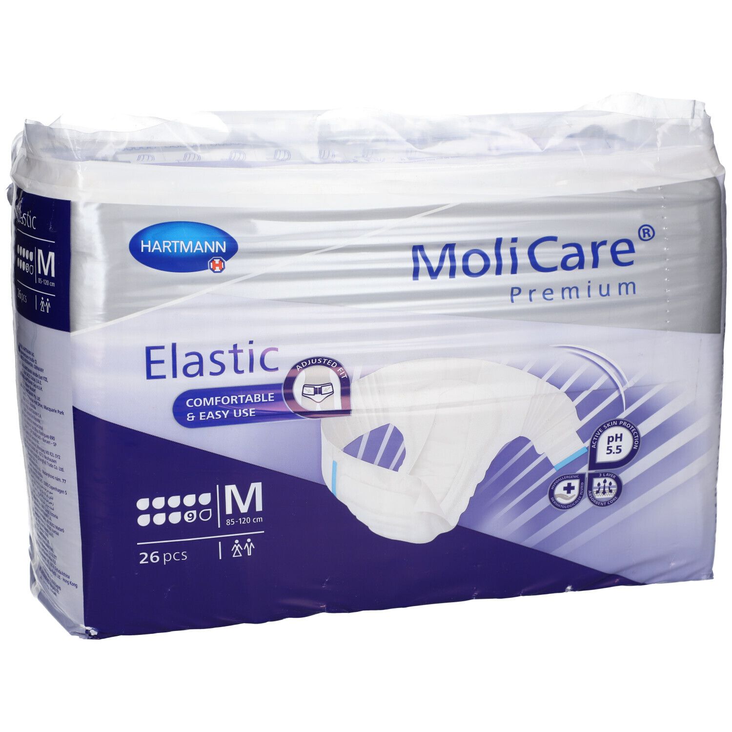 Paquet de MoliCare Premium Elastic, taille M, 26 pièces. Nom du produit, marque et caractéristiques clairement visibles.