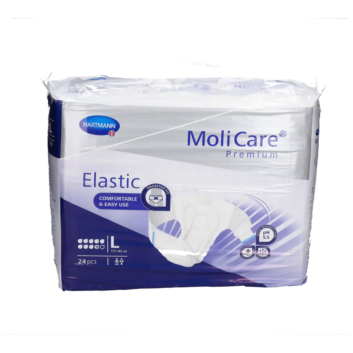 MoliCare® Premium Elastic, taille L, 24 pièces. Paquet de couches. Marque Hartmann. Inscription: Elastic, pH 5.5.