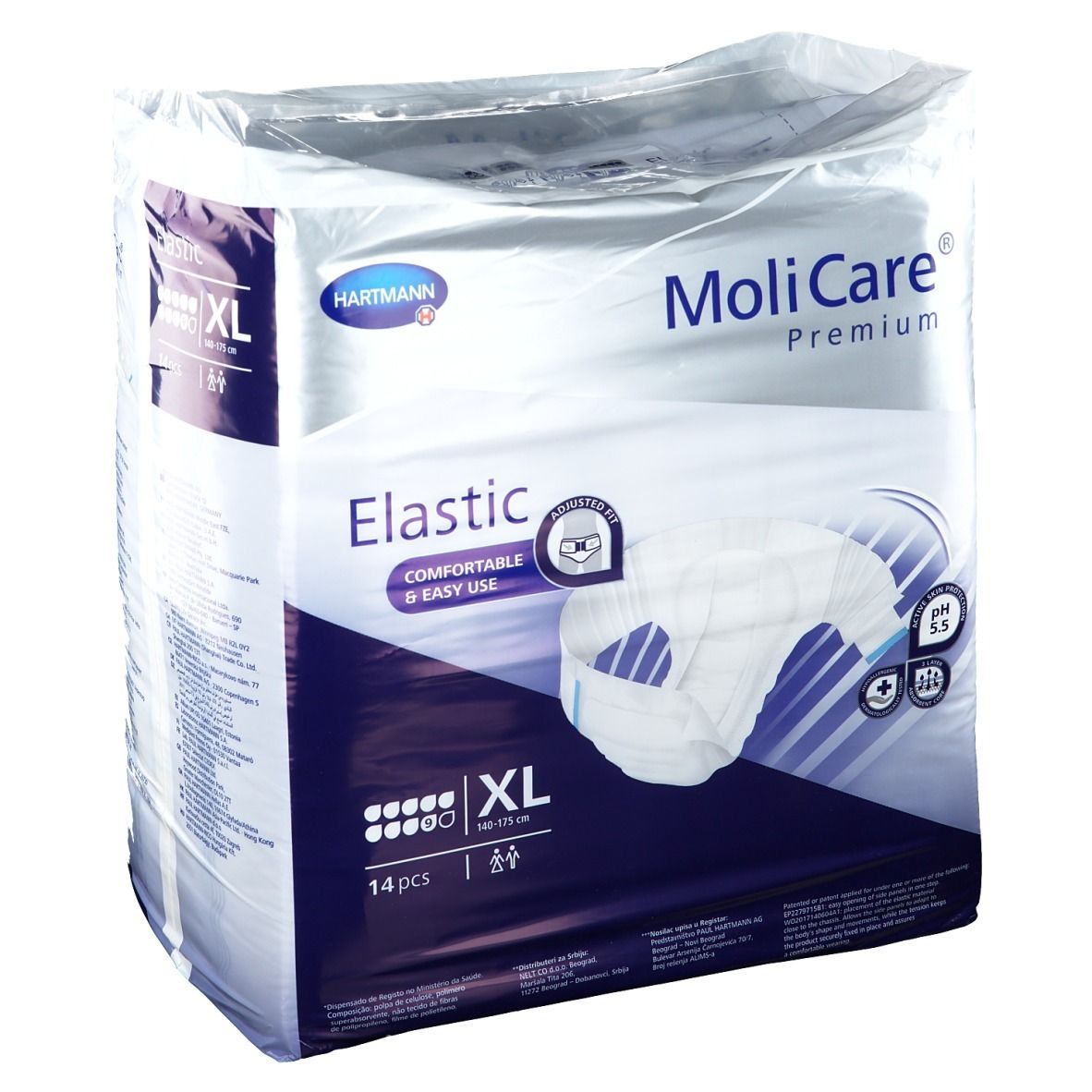 Paquet de MoliCare® Premium Elastic, XL, 14 pièces. Marque Hartmann. Nom et caractéristiques du produit sur l'emballage.