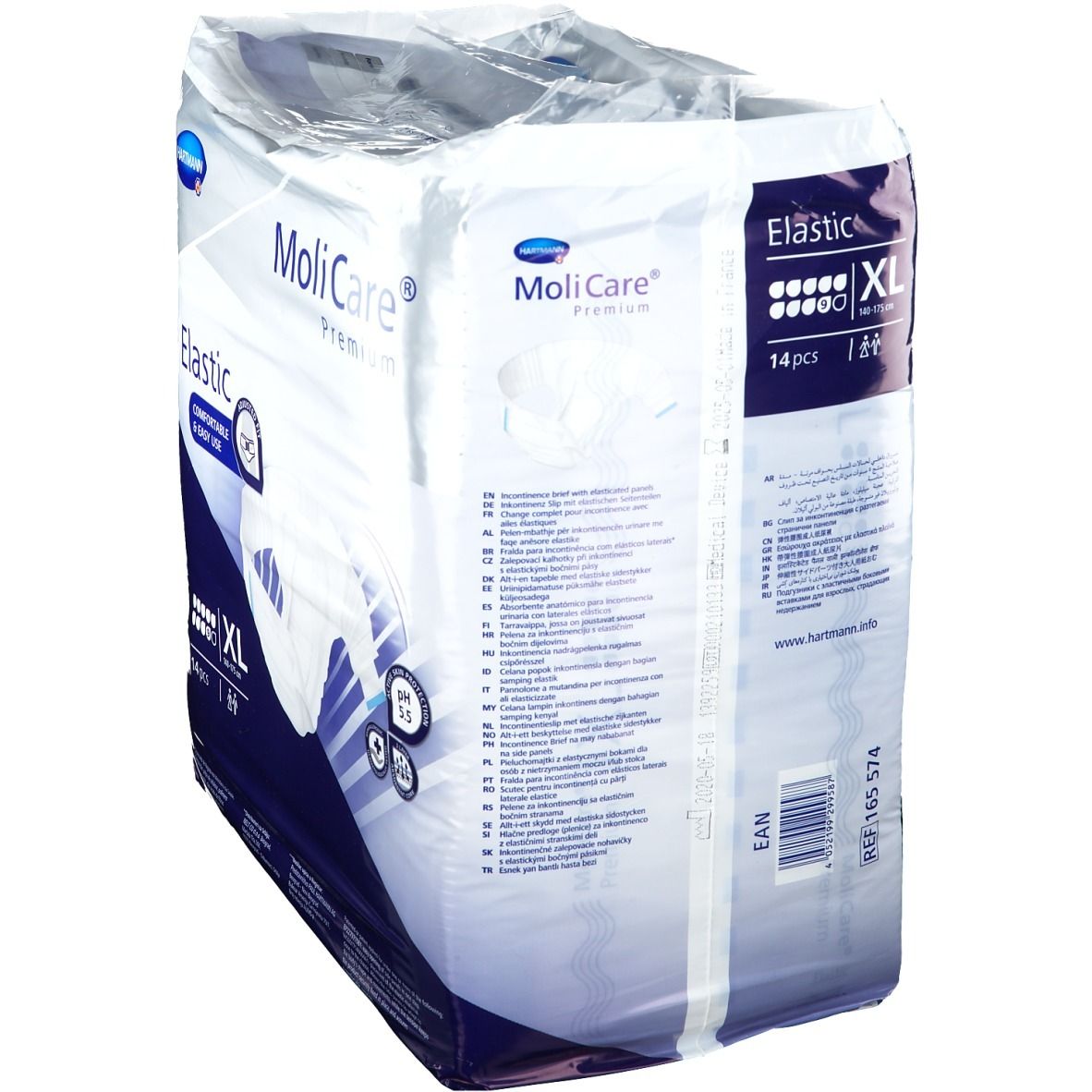 Paquet de MoliCare® Premium Elastic, XL, 14 pièces. Marque Hartmann. Nom et caractéristiques du produit sur l'emballage.