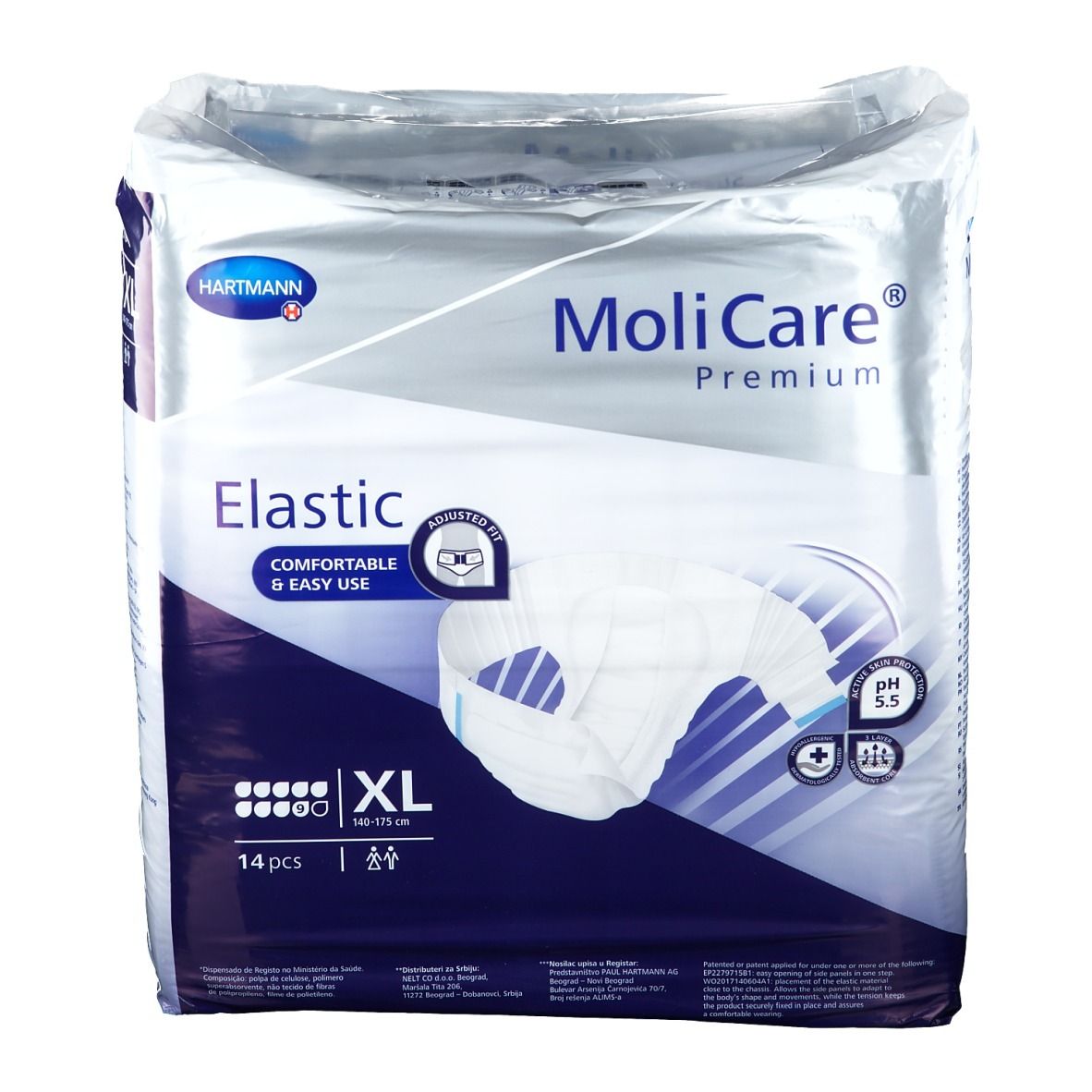 Paquet de MoliCare® Premium Elastic, XL, 14 pièces. Marque Hartmann. Nom et caractéristiques du produit sur l'emballage.